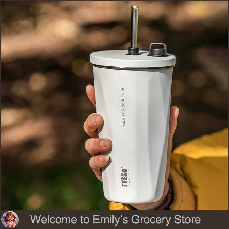 Stainless Steel Vacuum Insulated Coffee Mugs with Straw and Silicone Rope Portable Large Capacity Ice Bar Thermal Water Cup